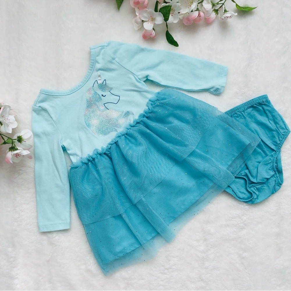 Cute Cat & Jack Blue Baby Girl Unicorn Tulle Dress with Bloomers, Size 12 Months